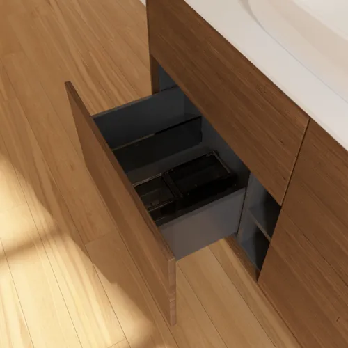 Bild von VILLEROY BOCH Finion Waschbeckenunterschrank, 4 Auszüge, 1200 x 603 x 501 mm, Walnut Veneer / Glass White Matt #F79100GN