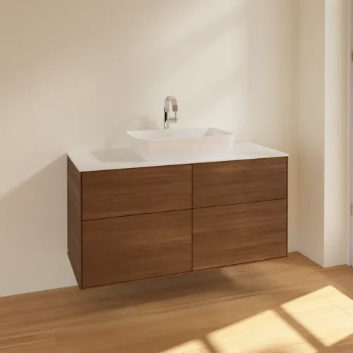 Bild von VILLEROY BOCH Finion Waschbeckenunterschrank, 4 Auszüge, 1200 x 603 x 501 mm, Walnut Veneer / Glass White Matt #F79100GN