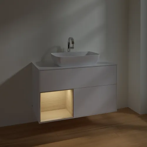 Bild von VILLEROY BOCH Finion Waschbeckenunterschrank, mit Beleuchtung, 2 Auszüge, 1000 x 603 x 501 mm, White Matt Lacquer / Oak Veneer / Glass White Matt #F771PCMT