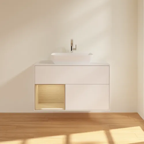 Bild von VILLEROY BOCH Finion Waschbeckenunterschrank, mit Beleuchtung, 2 Auszüge, 1000 x 603 x 501 mm, White Matt Lacquer / Oak Veneer / Glass White Matt #F771PCMT