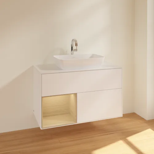 Bild von VILLEROY BOCH Finion Waschbeckenunterschrank, mit Beleuchtung, 2 Auszüge, 1000 x 603 x 501 mm, White Matt Lacquer / Oak Veneer / Glass White Matt #F771PCMT