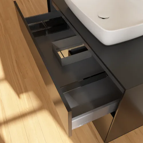 Bild von VILLEROY BOCH Finion Waschbeckenunterschrank, mit Beleuchtung, 2 Auszüge, 1000 x 603 x 501 mm, Black Matt Lacquer / Oak Veneer / Glass Black Matt #F772PCPD