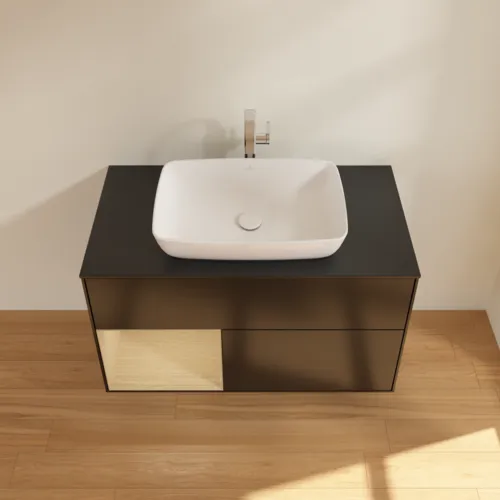 Bild von VILLEROY BOCH Finion Waschbeckenunterschrank, mit Beleuchtung, 2 Auszüge, 1000 x 603 x 501 mm, Black Matt Lacquer / Oak Veneer / Glass Black Matt #F772PCPD