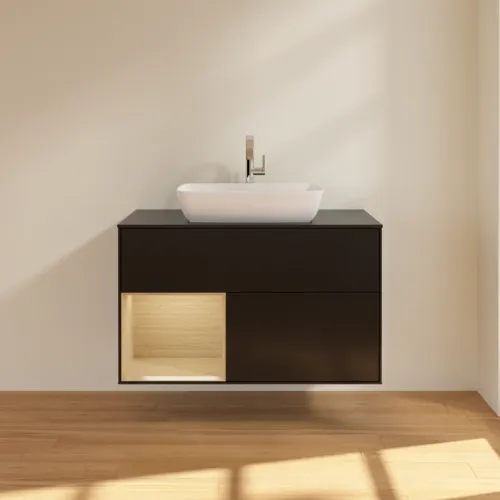 Bild von VILLEROY BOCH Finion Waschbeckenunterschrank, mit Beleuchtung, 2 Auszüge, 1000 x 603 x 501 mm, Black Matt Lacquer / Oak Veneer / Glass Black Matt #F772PCPD