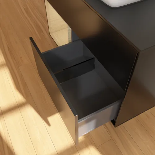 Bild von VILLEROY BOCH Finion Waschbeckenunterschrank, mit Beleuchtung, 2 Auszüge, 1000 x 603 x 501 mm, Black Matt Lacquer / Oak Veneer / Glass Black Matt #F772PCPD