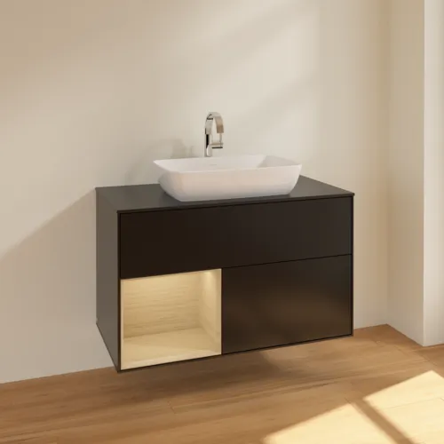 Bild von VILLEROY BOCH Finion Waschbeckenunterschrank, mit Beleuchtung, 2 Auszüge, 1000 x 603 x 501 mm, Black Matt Lacquer / Oak Veneer / Glass Black Matt #F772PCPD
