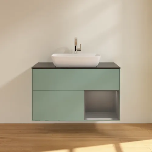 VILLEROY BOCH Finion Waschbeckenunterschrank, mit Beleuchtung, 2 Auszüge, 1000 x 603 x 501 mm, Olive Matt Lacquer / Anthracite Matt Lacquer / Glass Black Matt #F782GKGM, Bild 3
