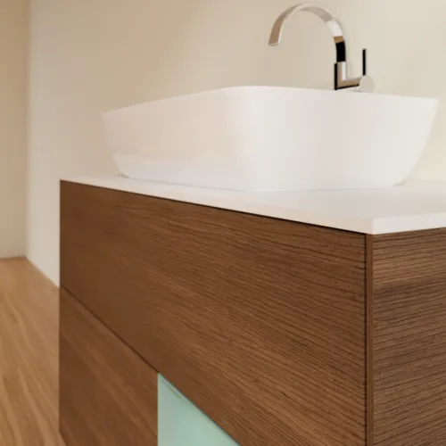 Bild von VILLEROY BOCH Finion Waschbeckenunterschrank, mit Beleuchtung, 2 Auszüge, 1000 x 603 x 501 mm, Walnut Veneer / Olive Matt Lacquer / Glass White Matt #F781GMGN