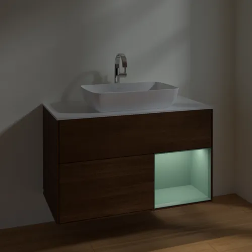 Bild von VILLEROY BOCH Finion Waschbeckenunterschrank, mit Beleuchtung, 2 Auszüge, 1000 x 603 x 501 mm, Walnut Veneer / Olive Matt Lacquer / Glass White Matt #F781GMGN