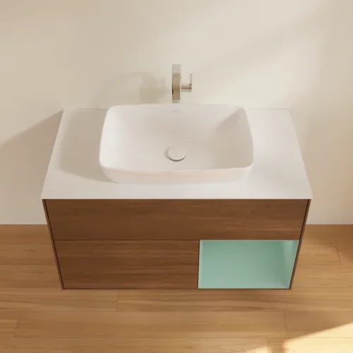Bild von VILLEROY BOCH Finion Waschbeckenunterschrank, mit Beleuchtung, 2 Auszüge, 1000 x 603 x 501 mm, Walnut Veneer / Olive Matt Lacquer / Glass White Matt #F781GMGN