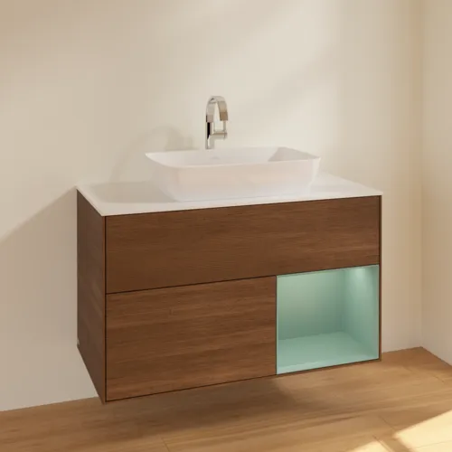 Bild von VILLEROY BOCH Finion Waschbeckenunterschrank, mit Beleuchtung, 2 Auszüge, 1000 x 603 x 501 mm, Walnut Veneer / Olive Matt Lacquer / Glass White Matt #F781GMGN