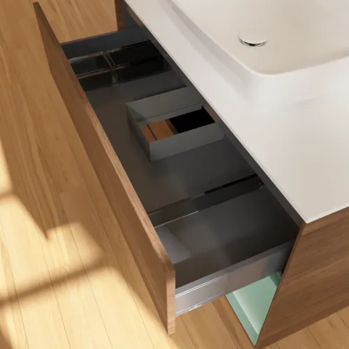 Bild von VILLEROY BOCH Finion Waschbeckenunterschrank, mit Beleuchtung, 2 Auszüge, 1000 x 603 x 501 mm, Walnut Veneer / Olive Matt Lacquer / Glass White Matt #F781GMGN