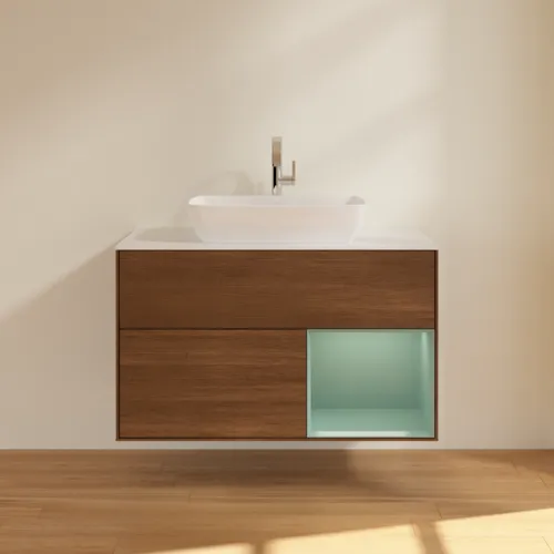 Bild von VILLEROY BOCH Finion Waschbeckenunterschrank, mit Beleuchtung, 2 Auszüge, 1000 x 603 x 501 mm, Walnut Veneer / Olive Matt Lacquer / Glass White Matt #F781GMGN