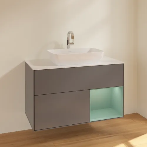 Picture of VILLEROY BOCH Finion Vanity unit, with lighting, 2 pull-out compartments, 1000 x 603 x 501 mm, Anthracite Matt Lacquer / Olive Matt Lacquer / Glass White Matt #F781GMGK