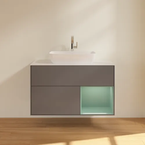 Picture of VILLEROY BOCH Finion Vanity unit, with lighting, 2 pull-out compartments, 1000 x 603 x 501 mm, Anthracite Matt Lacquer / Olive Matt Lacquer / Glass White Matt #F781GMGK