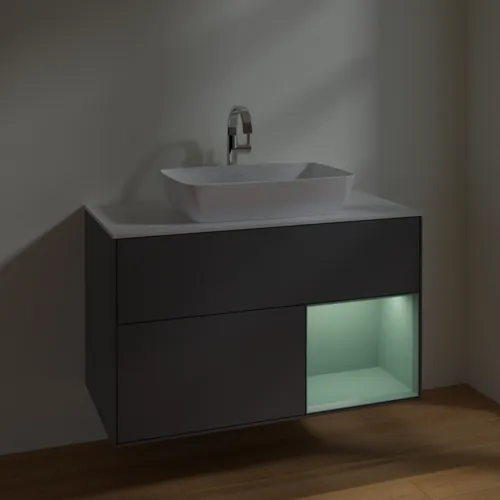 Picture of VILLEROY BOCH Finion Vanity unit, with lighting, 2 pull-out compartments, 1000 x 603 x 501 mm, Anthracite Matt Lacquer / Olive Matt Lacquer / Glass White Matt #F781GMGK