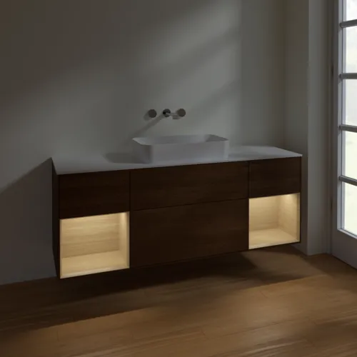 Bild von VILLEROY BOCH Finion Waschbeckenunterschrank, mit Beleuchtung, 4 Auszüge, 1600 x 603 x 501 mm, Walnut Veneer / Oak Veneer / Glass White Matt #F741PCGN