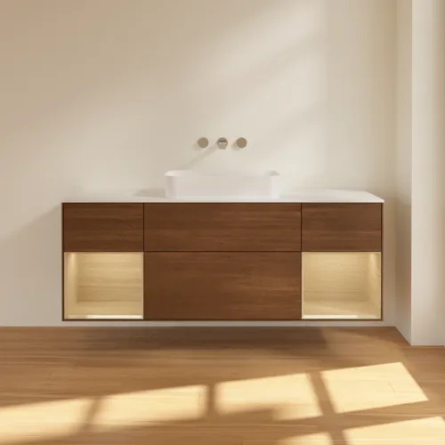 Bild von VILLEROY BOCH Finion Waschbeckenunterschrank, mit Beleuchtung, 4 Auszüge, 1600 x 603 x 501 mm, Walnut Veneer / Oak Veneer / Glass White Matt #F741PCGN