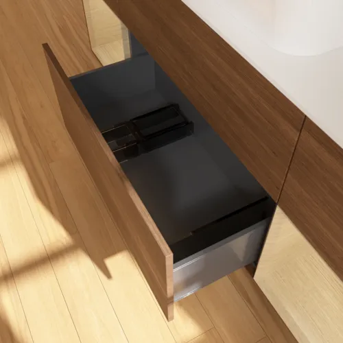 Bild von VILLEROY BOCH Finion Waschbeckenunterschrank, mit Beleuchtung, 4 Auszüge, 1600 x 603 x 501 mm, Walnut Veneer / Oak Veneer / Glass White Matt #F741PCGN