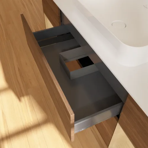 Bild von VILLEROY BOCH Finion Waschbeckenunterschrank, mit Beleuchtung, 4 Auszüge, 1600 x 603 x 501 mm, Walnut Veneer / Oak Veneer / Glass White Matt #F741PCGN