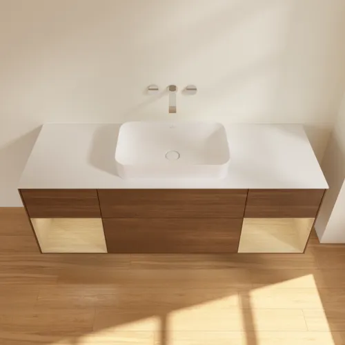 Bild von VILLEROY BOCH Finion Waschbeckenunterschrank, mit Beleuchtung, 4 Auszüge, 1600 x 603 x 501 mm, Walnut Veneer / Oak Veneer / Glass White Matt #F741PCGN