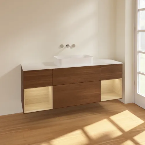 Bild von VILLEROY BOCH Finion Waschbeckenunterschrank, mit Beleuchtung, 4 Auszüge, 1600 x 603 x 501 mm, Walnut Veneer / Oak Veneer / Glass White Matt #F741PCGN