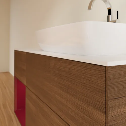 Bild von VILLEROY BOCH Finion Waschbeckenunterschrank, mit Beleuchtung, 3 Auszüge, 1200 x 603 x 501 mm, Walnut Veneer / Peony Matt Lacquer / Glass White Matt #F801HBGN