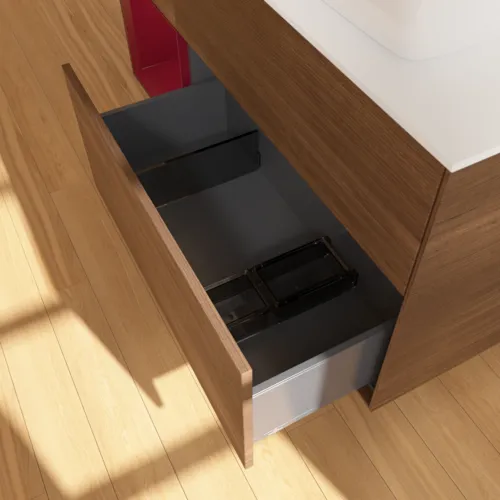 Bild von VILLEROY BOCH Finion Waschbeckenunterschrank, mit Beleuchtung, 3 Auszüge, 1200 x 603 x 501 mm, Walnut Veneer / Peony Matt Lacquer / Glass White Matt #F801HBGN
