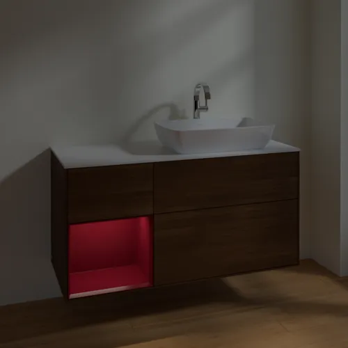 Bild von VILLEROY BOCH Finion Waschbeckenunterschrank, mit Beleuchtung, 3 Auszüge, 1200 x 603 x 501 mm, Walnut Veneer / Peony Matt Lacquer / Glass White Matt #F801HBGN
