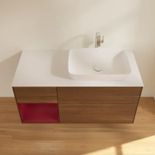 Bild von VILLEROY BOCH Finion Waschbeckenunterschrank, mit Beleuchtung, 3 Auszüge, 1200 x 603 x 501 mm, Walnut Veneer / Peony Matt Lacquer / Glass White Matt #F801HBGN