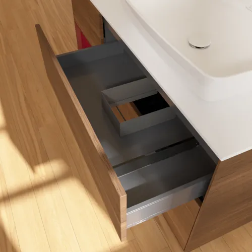 Bild von VILLEROY BOCH Finion Waschbeckenunterschrank, mit Beleuchtung, 3 Auszüge, 1200 x 603 x 501 mm, Walnut Veneer / Peony Matt Lacquer / Glass White Matt #F801HBGN