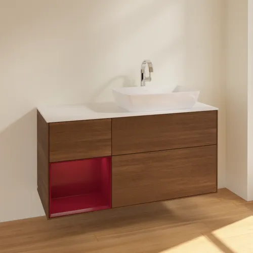 Bild von VILLEROY BOCH Finion Waschbeckenunterschrank, mit Beleuchtung, 3 Auszüge, 1200 x 603 x 501 mm, Walnut Veneer / Peony Matt Lacquer / Glass White Matt #F801HBGN