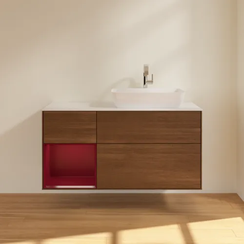 Bild von VILLEROY BOCH Finion Waschbeckenunterschrank, mit Beleuchtung, 3 Auszüge, 1200 x 603 x 501 mm, Walnut Veneer / Peony Matt Lacquer / Glass White Matt #F801HBGN