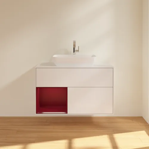 Bild von VILLEROY BOCH Finion Waschbeckenunterschrank, mit Beleuchtung, 2 Auszüge, 1000 x 603 x 501 mm, Glossy White Lacquer / Peony Matt Lacquer / Glass White Matt #F771HBGF