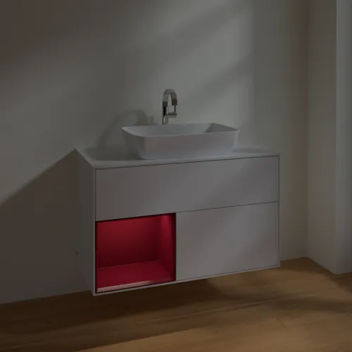 Bild von VILLEROY BOCH Finion Waschbeckenunterschrank, mit Beleuchtung, 2 Auszüge, 1000 x 603 x 501 mm, Glossy White Lacquer / Peony Matt Lacquer / Glass White Matt #F771HBGF