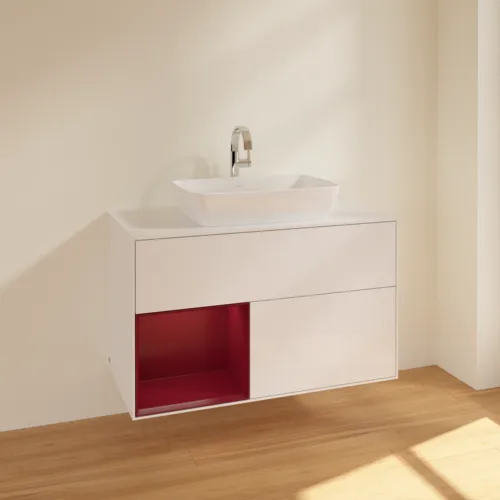 Bild von VILLEROY BOCH Finion Waschbeckenunterschrank, mit Beleuchtung, 2 Auszüge, 1000 x 603 x 501 mm, Glossy White Lacquer / Peony Matt Lacquer / Glass White Matt #F771HBGF