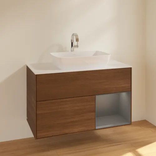 Bild von VILLEROY BOCH Finion Waschbeckenunterschrank, mit Beleuchtung, 2 Auszüge, 1000 x 603 x 501 mm, Walnut Veneer / Anthracite Matt Lacquer / Glass White Matt #F781GKGN