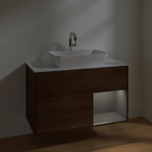 Bild von VILLEROY BOCH Finion Waschbeckenunterschrank, mit Beleuchtung, 2 Auszüge, 1000 x 603 x 501 mm, Walnut Veneer / Anthracite Matt Lacquer / Glass White Matt #F781GKGN