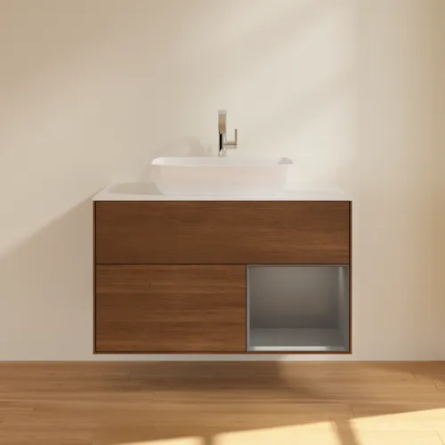 Bild von VILLEROY BOCH Finion Waschbeckenunterschrank, mit Beleuchtung, 2 Auszüge, 1000 x 603 x 501 mm, Walnut Veneer / Anthracite Matt Lacquer / Glass White Matt #F781GKGN