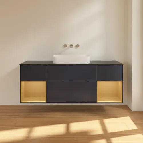 VILLEROY BOCH Finion Waschbeckenunterschrank, mit Beleuchtung, 4 Auszüge, 1600 x 603 x 501 mm, Midnight Blue Matt Lacquer / Gold Matt Lacquer / Glass Black Matt #F742HFHG, Bild 3