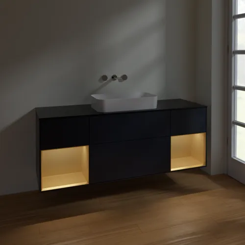 VILLEROY BOCH Finion Waschbeckenunterschrank, mit Beleuchtung, 4 Auszüge, 1600 x 603 x 501 mm, Midnight Blue Matt Lacquer / Gold Matt Lacquer / Glass Black Matt #F742HFHG, Bild 5