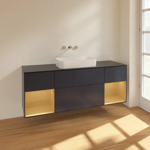 VILLEROY BOCH Finion Waschbeckenunterschrank, mit Beleuchtung, 4 Auszüge, 1600 x 603 x 501 mm, Midnight Blue Matt Lacquer / Gold Matt Lacquer / Glass Black Matt #F742HFHG, Bild 2