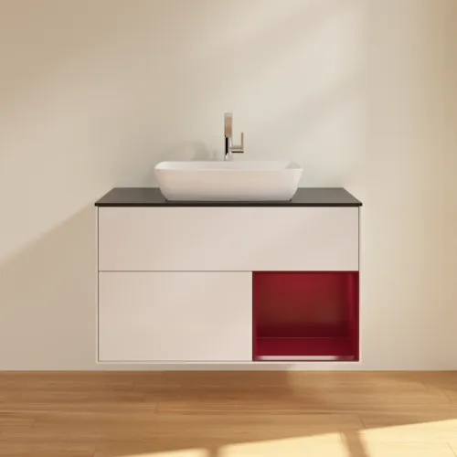 Bild von VILLEROY BOCH Finion Waschbeckenunterschrank, mit Beleuchtung, 2 Auszüge, 1000 x 603 x 501 mm, Glossy White Lacquer / Peony Matt Lacquer / Glass Black Matt #F782HBGF