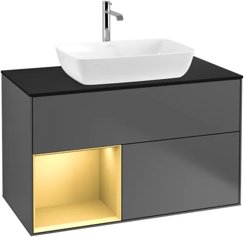 Obrázek VILLEROY BOCH Toaletní skříňka Finion, s osvětlením, 2 výsuvy, 1000 x 603 x 501 mm, antracit matný lak / zlatý matný lak / černé matné sklo #F772HFGK