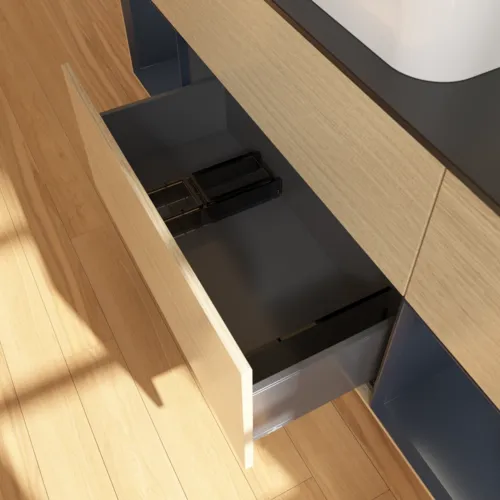 Bild von VILLEROY BOCH Finion Waschbeckenunterschrank, mit Beleuchtung, 4 Auszüge, 1600 x 603 x 501 mm, Oak Veneer / Midnight Blue Matt Lacquer / Glass Black Matt #F742HGPC
