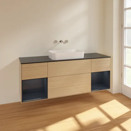 Bild von VILLEROY BOCH Finion Waschbeckenunterschrank, mit Beleuchtung, 4 Auszüge, 1600 x 603 x 501 mm, Oak Veneer / Midnight Blue Matt Lacquer / Glass Black Matt #F742HGPC