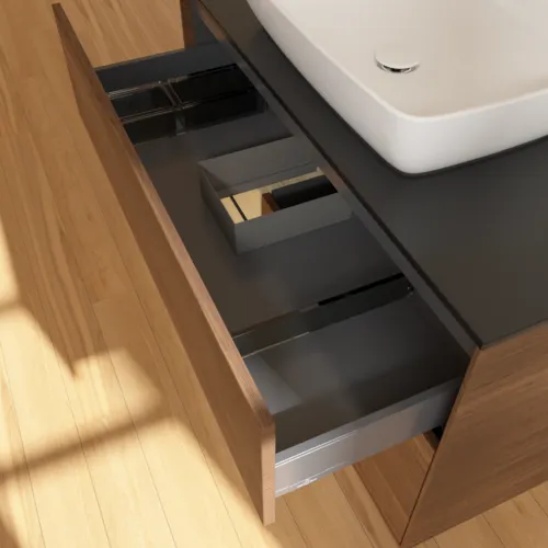 Bild von VILLEROY BOCH Finion Waschbeckenunterschrank, mit Beleuchtung, 2 Auszüge, 1000 x 603 x 501 mm, Walnut Veneer / Oak Veneer / Glass Black Matt #F772PCGN
