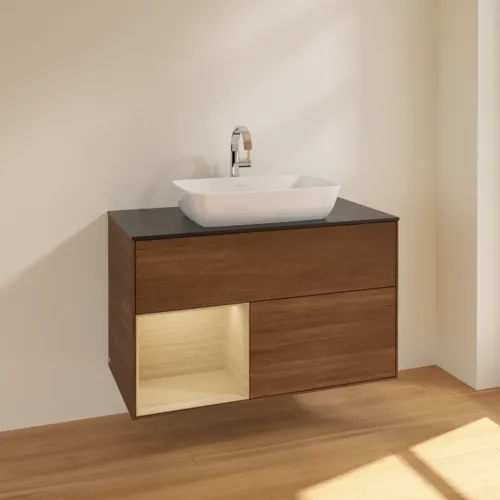 Bild von VILLEROY BOCH Finion Waschbeckenunterschrank, mit Beleuchtung, 2 Auszüge, 1000 x 603 x 501 mm, Walnut Veneer / Oak Veneer / Glass Black Matt #F772PCGN