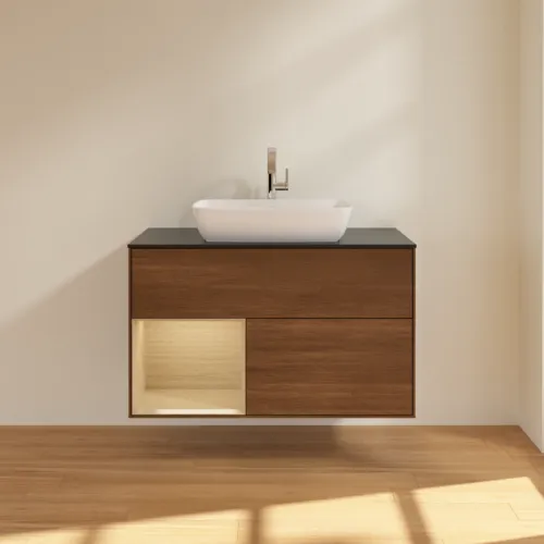Bild von VILLEROY BOCH Finion Waschbeckenunterschrank, mit Beleuchtung, 2 Auszüge, 1000 x 603 x 501 mm, Walnut Veneer / Oak Veneer / Glass Black Matt #F772PCGN