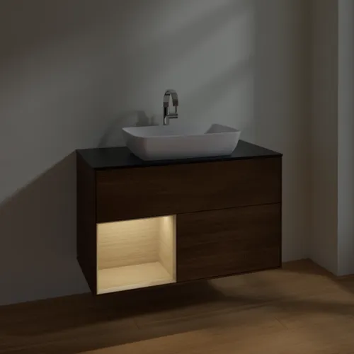 Bild von VILLEROY BOCH Finion Waschbeckenunterschrank, mit Beleuchtung, 2 Auszüge, 1000 x 603 x 501 mm, Walnut Veneer / Oak Veneer / Glass Black Matt #F772PCGN